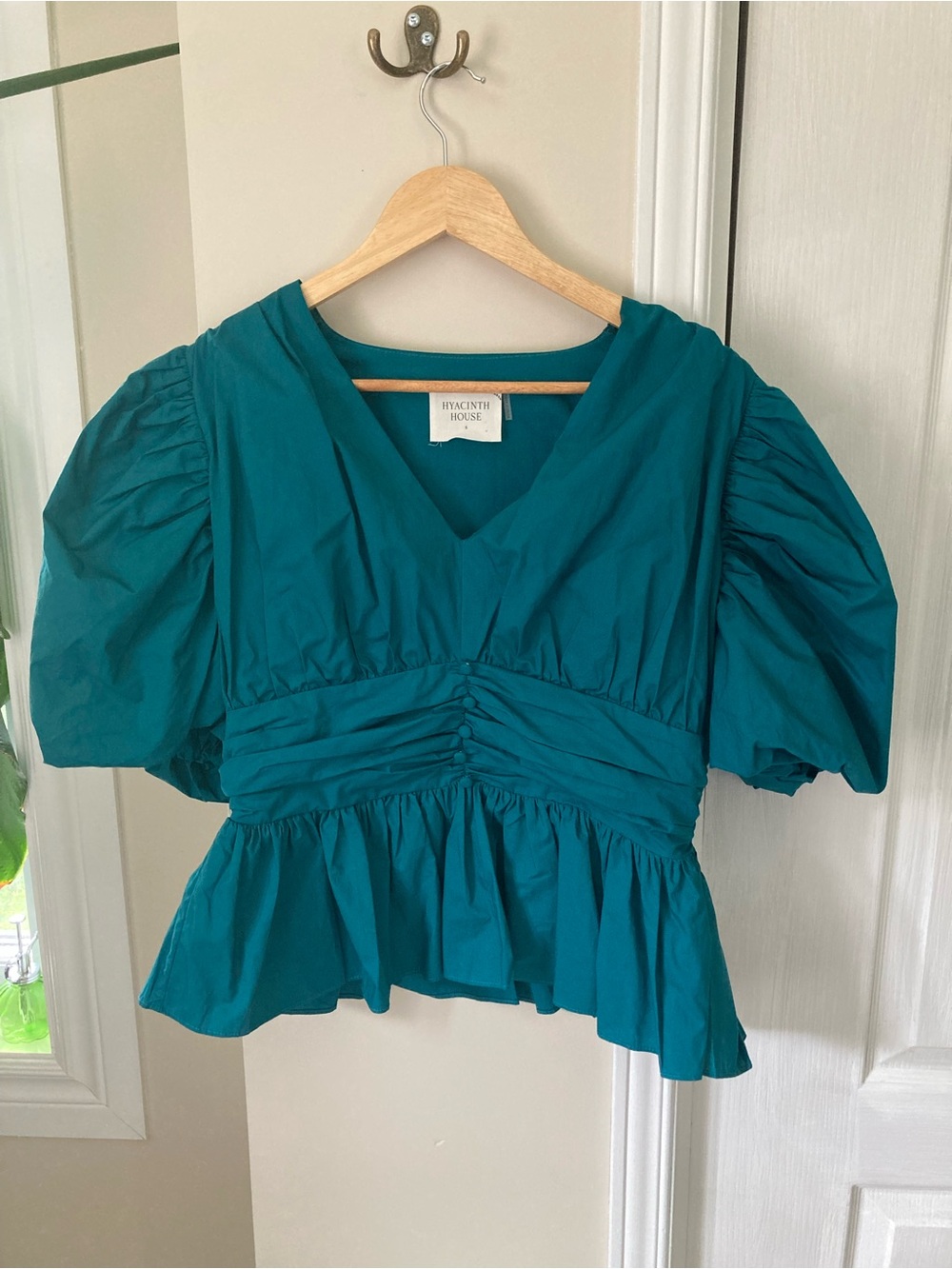 Hyacinth House Teal Puff-Sleeve V-Neck Peplum Top